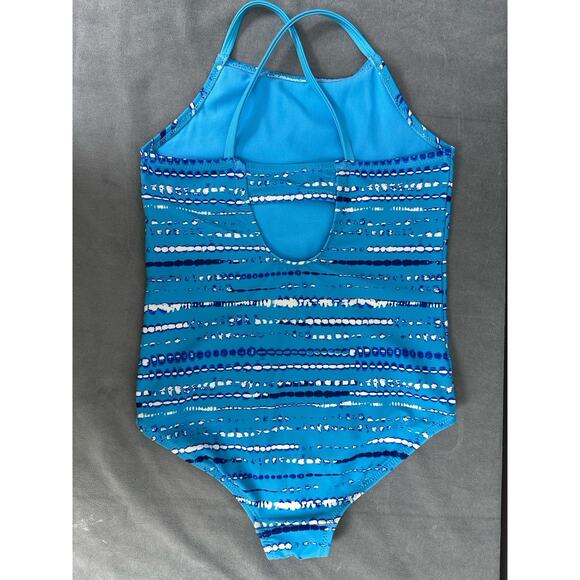 Lands’ End Girls Size 8 Medium Swimsuit One Piece Blue Dot Stripes Bathing Suit - Picture 4 of 7